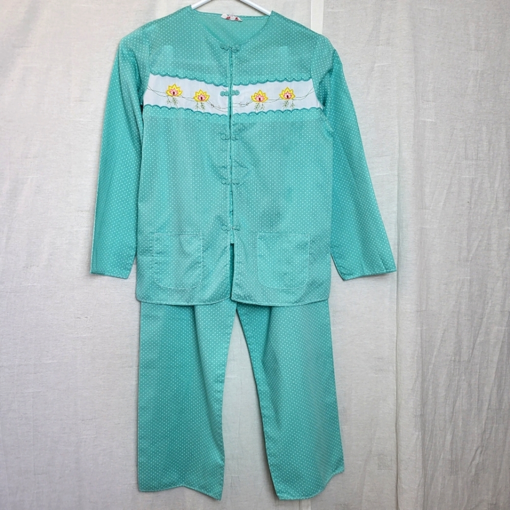 Plum Blossoms Girl's Baby Teal Polka Dot Floral Chinese Pajama Set